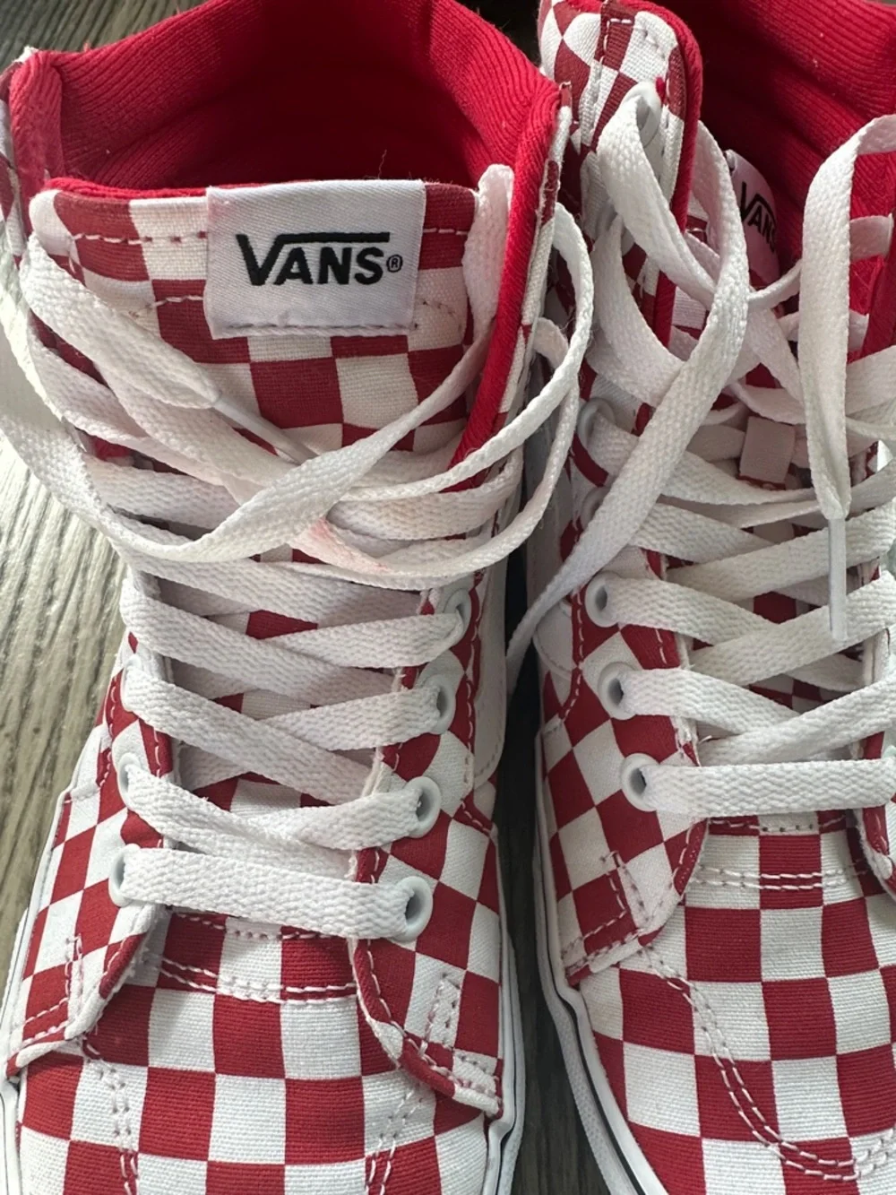 Vans Fillmore Hi checkerboard red‎ and white sneakers women’s size 7